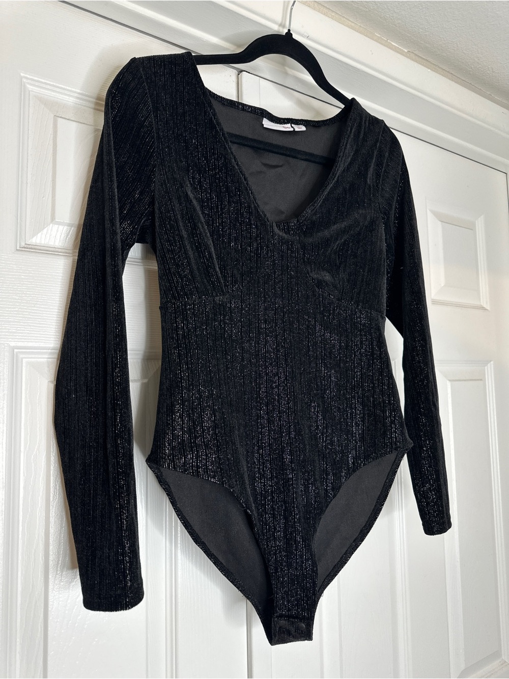Black Shimmer Long Sleeve Bodysuit | Deep V Neck Party Top | Size Medium